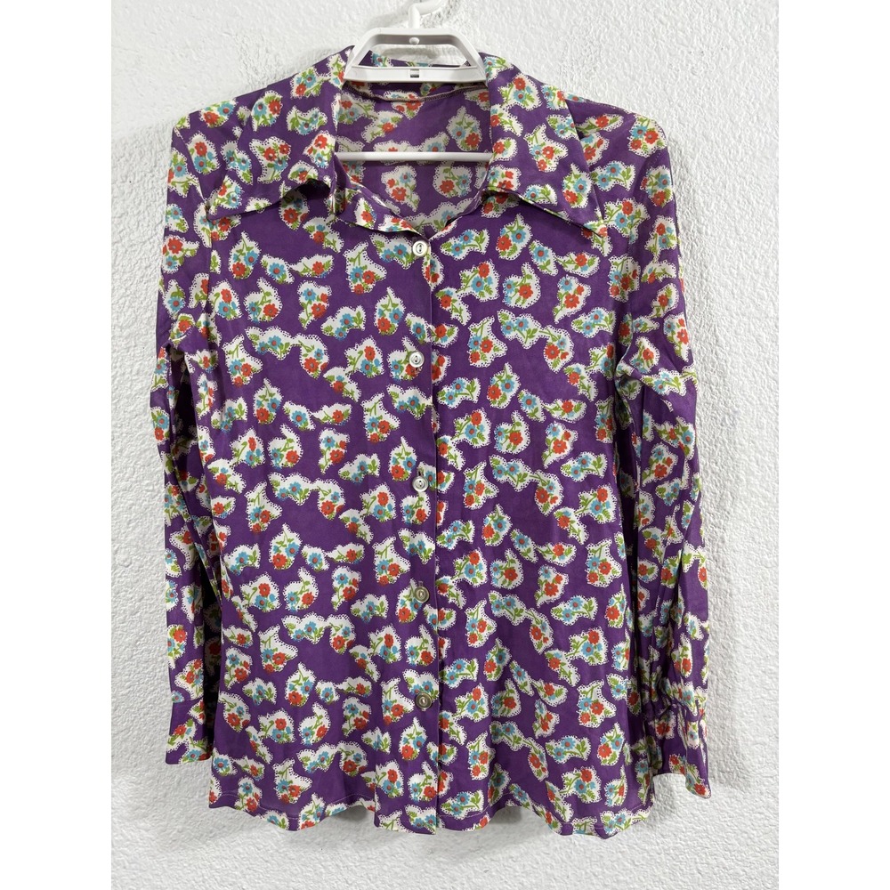 Vintage‎ 1970s Blouse Womens Medium Purple Floral Sheer Long Sleeve Button Up